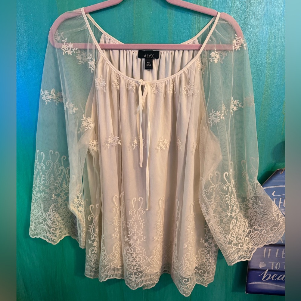 Plus Sized Cream Colored Sheer Embroidered Floral Lace Blouse Top XXL